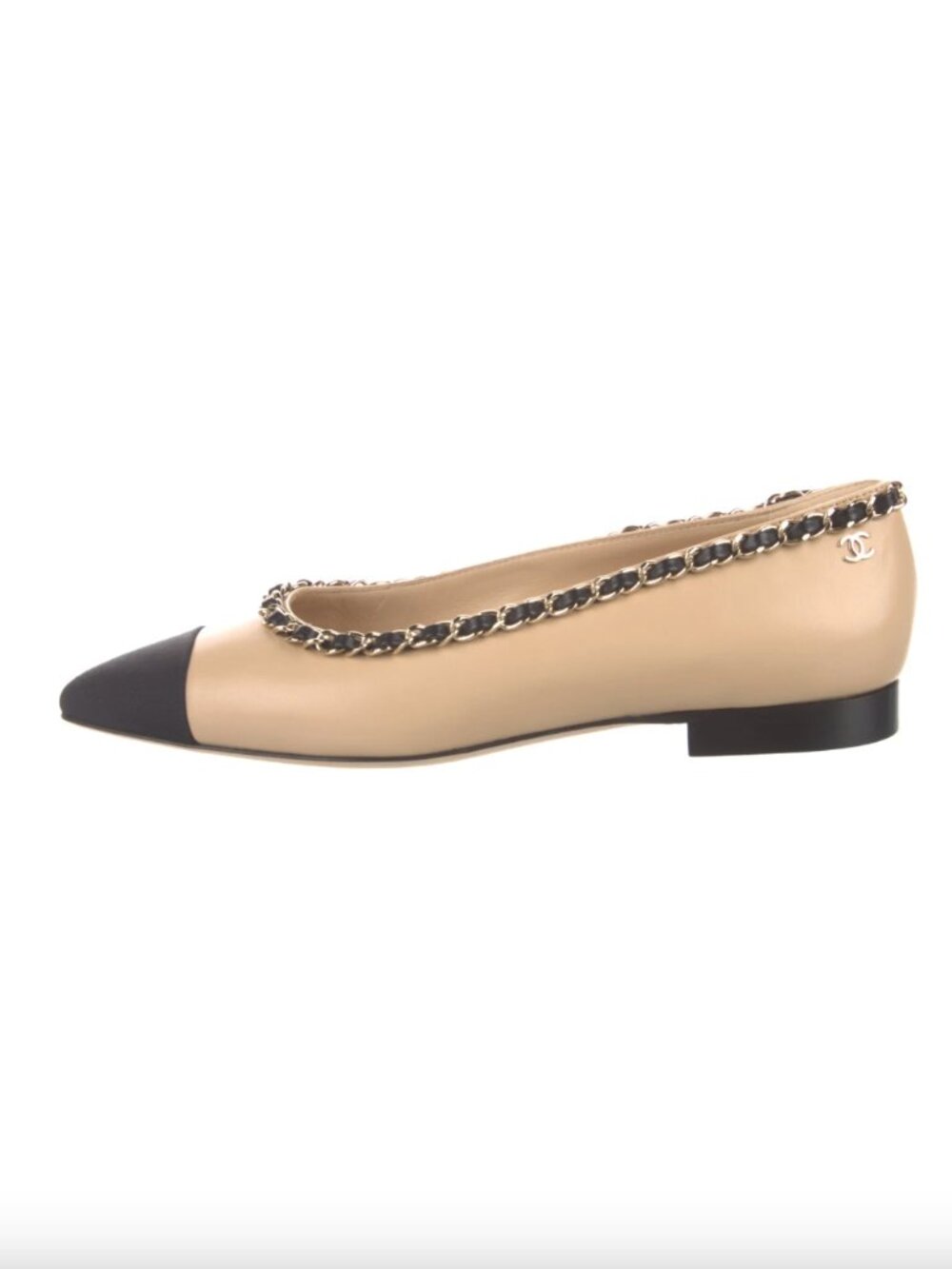 Chanel chain detail CC logo cap toe pointed flats shoes 36.5